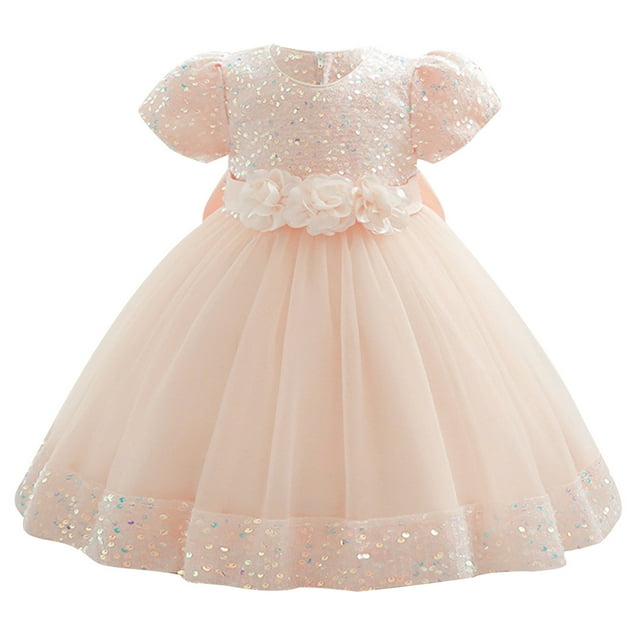 FAIWAD Baby Girls Dress Sequin Lace Patchwork with Bow Solid Color Wedding Party Dress