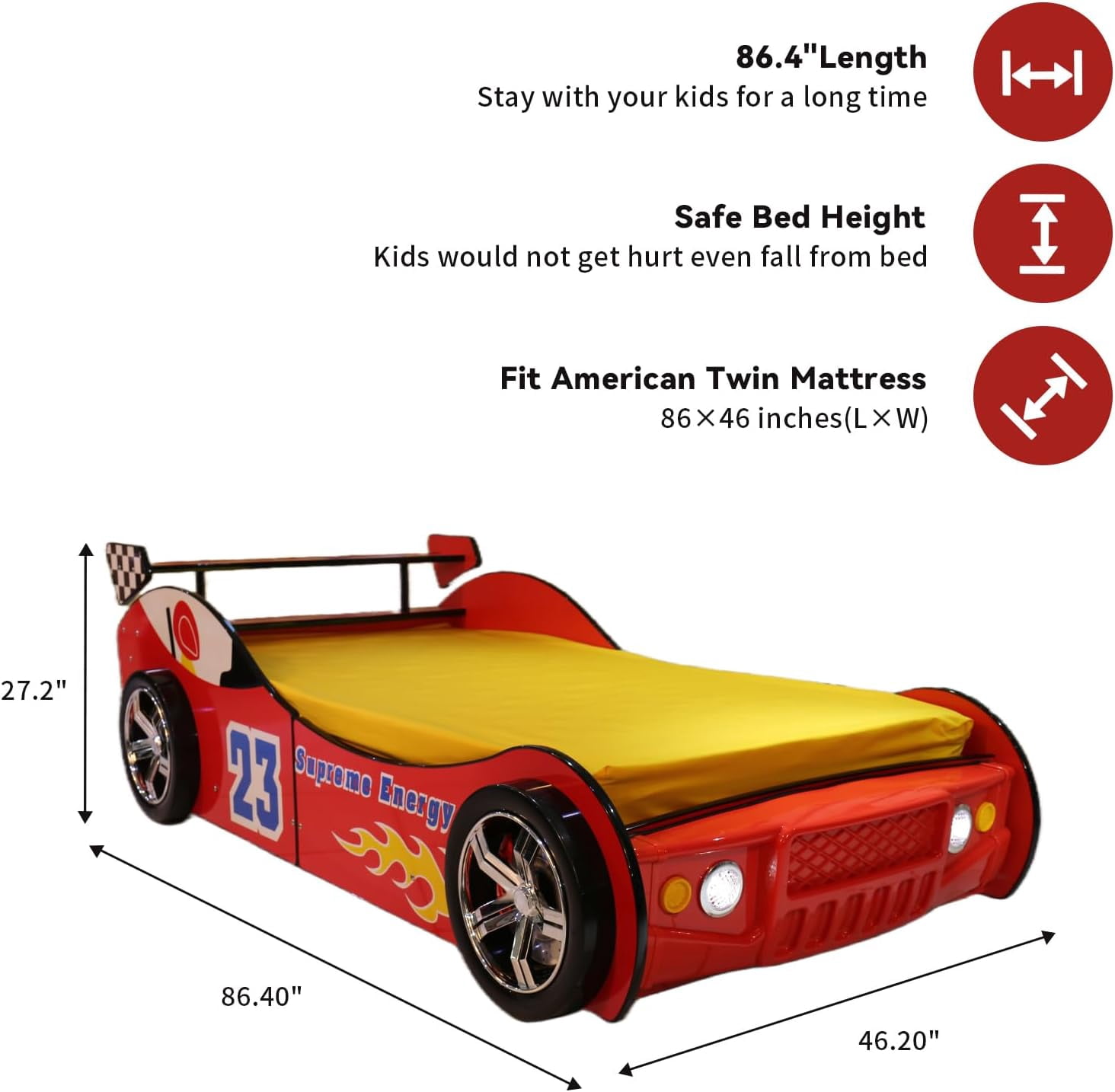 WAWOKV Twin Size Car Bed for Kids, Race Car-Shaped Wooden Platform Bed Frame with Headboard Wheels and Support Slats for Boys Toddlers Child's Bedroom (Red)