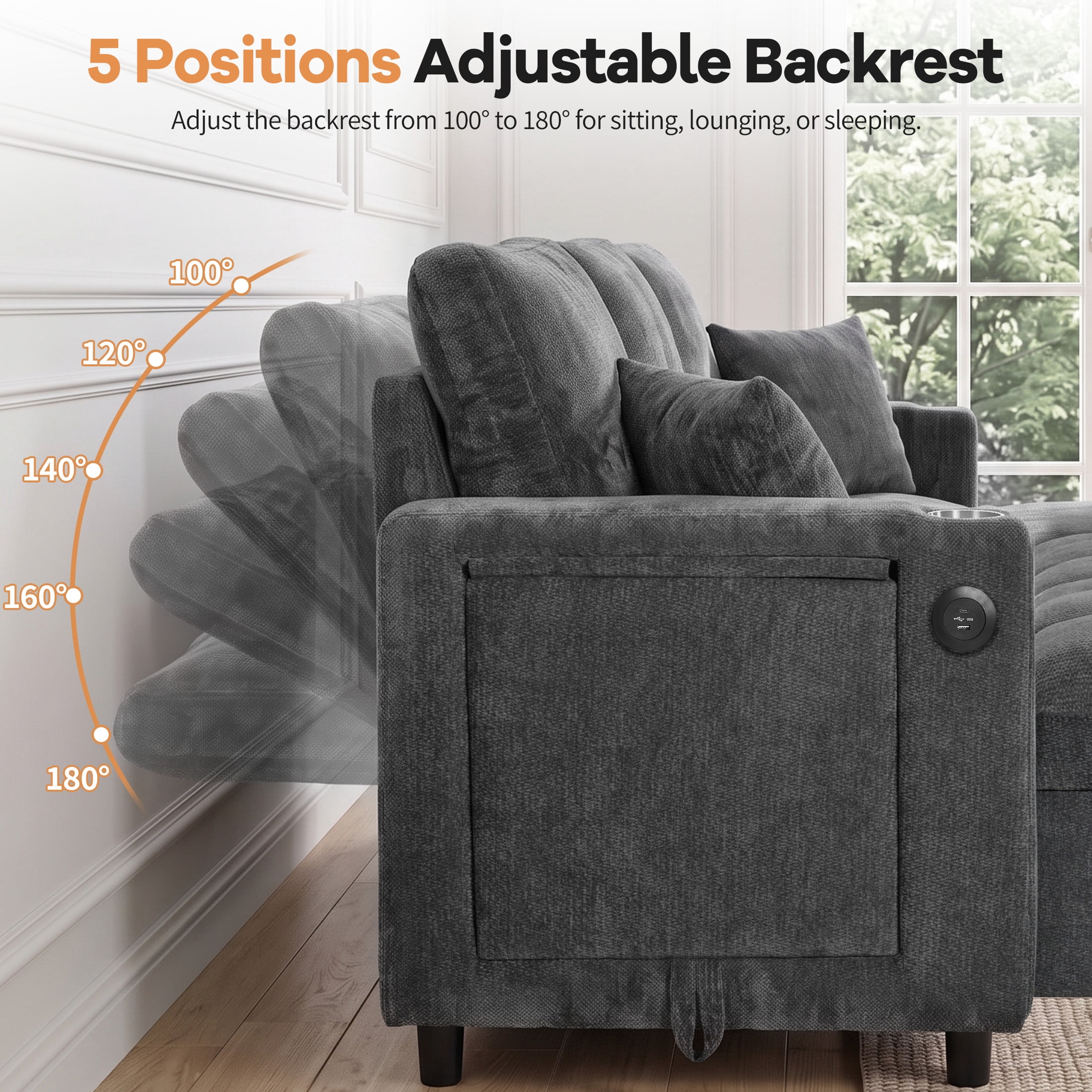 Aenkyo 108" Chenille U-Shaped Sectional Pull Out Sofa Bed with Dual Storage Chaises, Gray