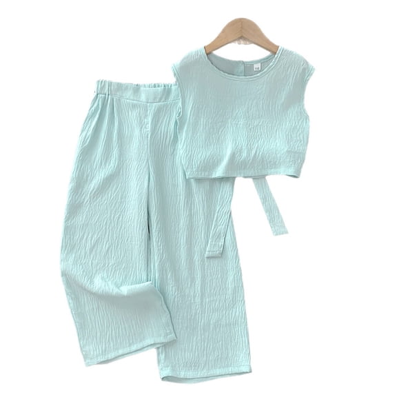 Girls Summer Outfits Tie Back Crop Top Wide Leg Pants Two Piece Casual Tracksuit Kids Beach Ensemble Girls Casual Outfit Sets