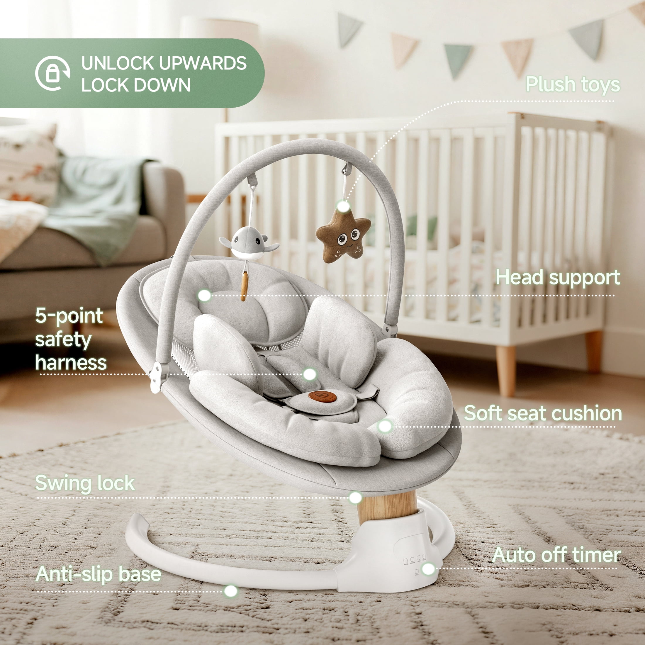 Babyomi Portable Baby Swings for Infants to Toddler, Electric Swing with Music Speaker, 3 Seat Positions , 5 Speeds, and Remote Control - Infant Swing for Indoor and Outdoor, Grey