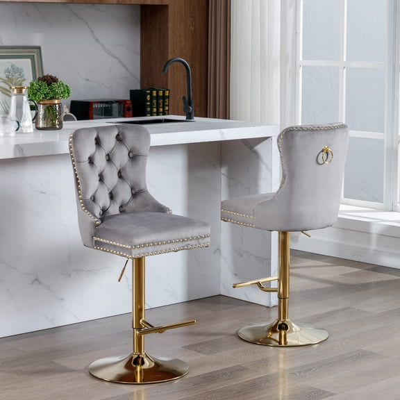 Dasun Thick Golden Swivel Velvet Barstools Adjusatble Seat Height from 25-33 Inch, Modern Upholstered Bar Stools with Backs Comfortable Tufted for Home Pub and Kitchen Island (Gray,Set of 2)