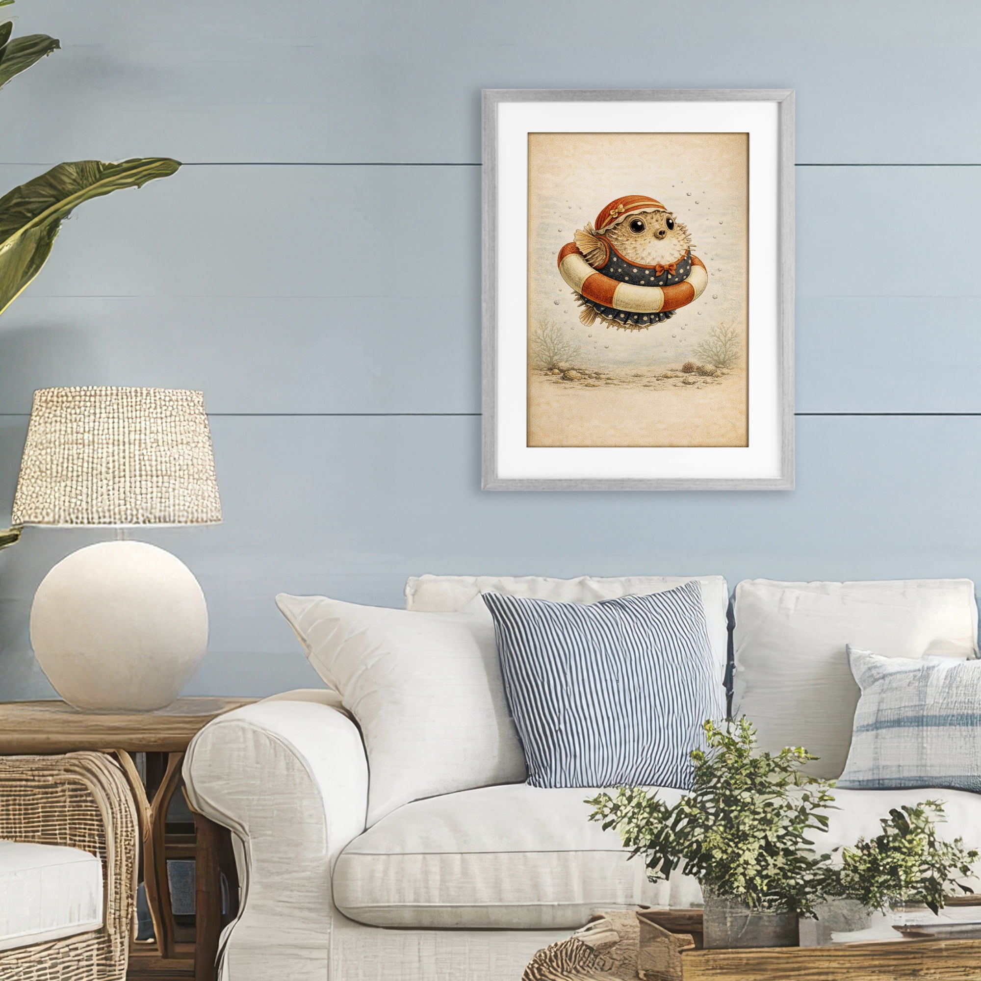 Stupell Industries Pufferfish Of Maritime Bathing Society Gray Framed Print Under Glass, design by Grotto Studios