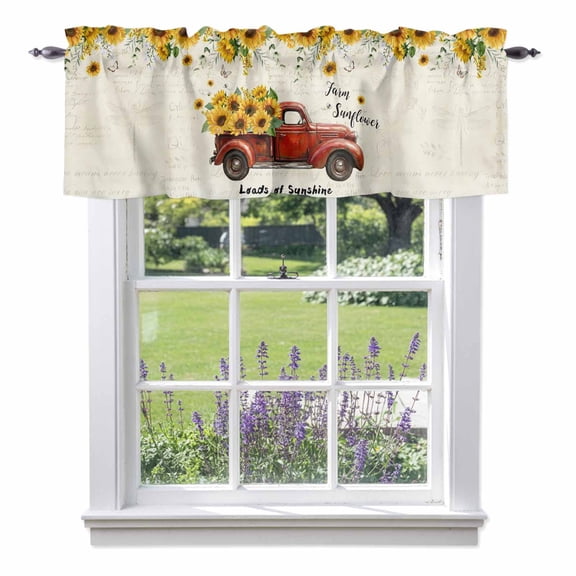 Farmhouses Sunflowers Valances for Windows, Retro Floral Leaves Red Truck Retro Valance Window Treatment Rod Pocket Short Curtains Valances for Kitchen Bathroom 42"W x 12"L