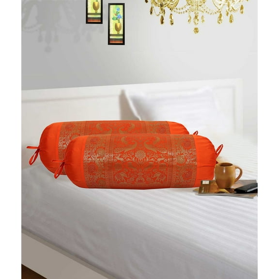 Stylo Culture Ethnic Polydupion Cylindrical Elephant Bolster Cases Pillow Covers Orange Jacquard Brocade Border Large Settee Cylinder Cushion Covers (Set of 2) | 30x15 Inches (76x38 cm)