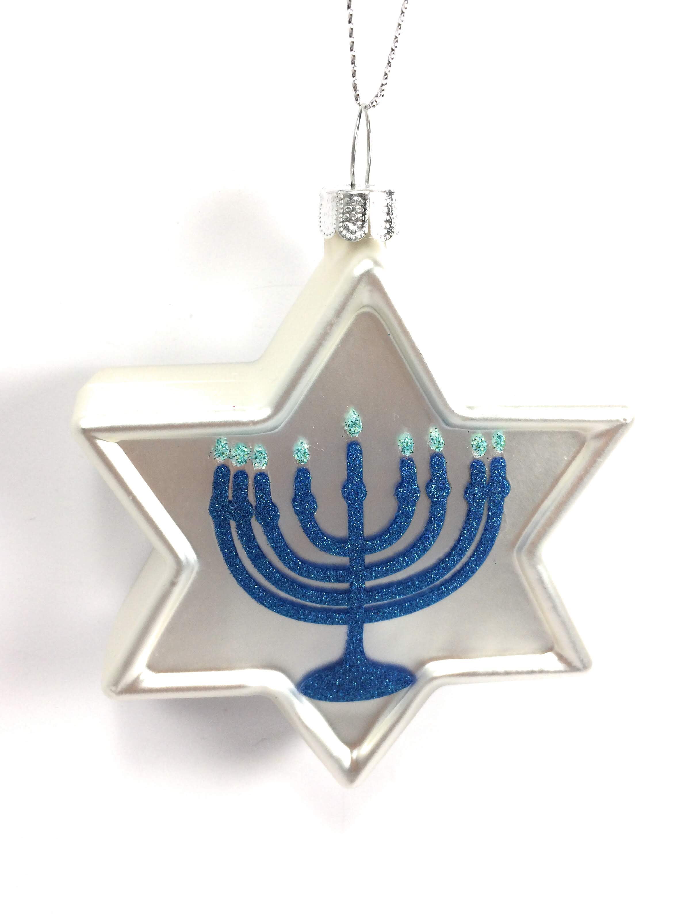 Star of David Hanukkah w Menorah Ornament Silver Color