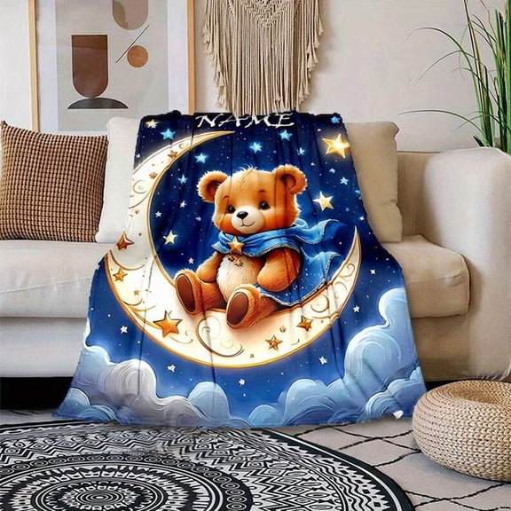Cartoon Bear Flannel Blanket - Soft Warm All-Season Blanket for Sofa Office Bed Camping Travel, Machine Washable Polyester Chunky Knit, Floral Print Gold Trim Luxury Gift