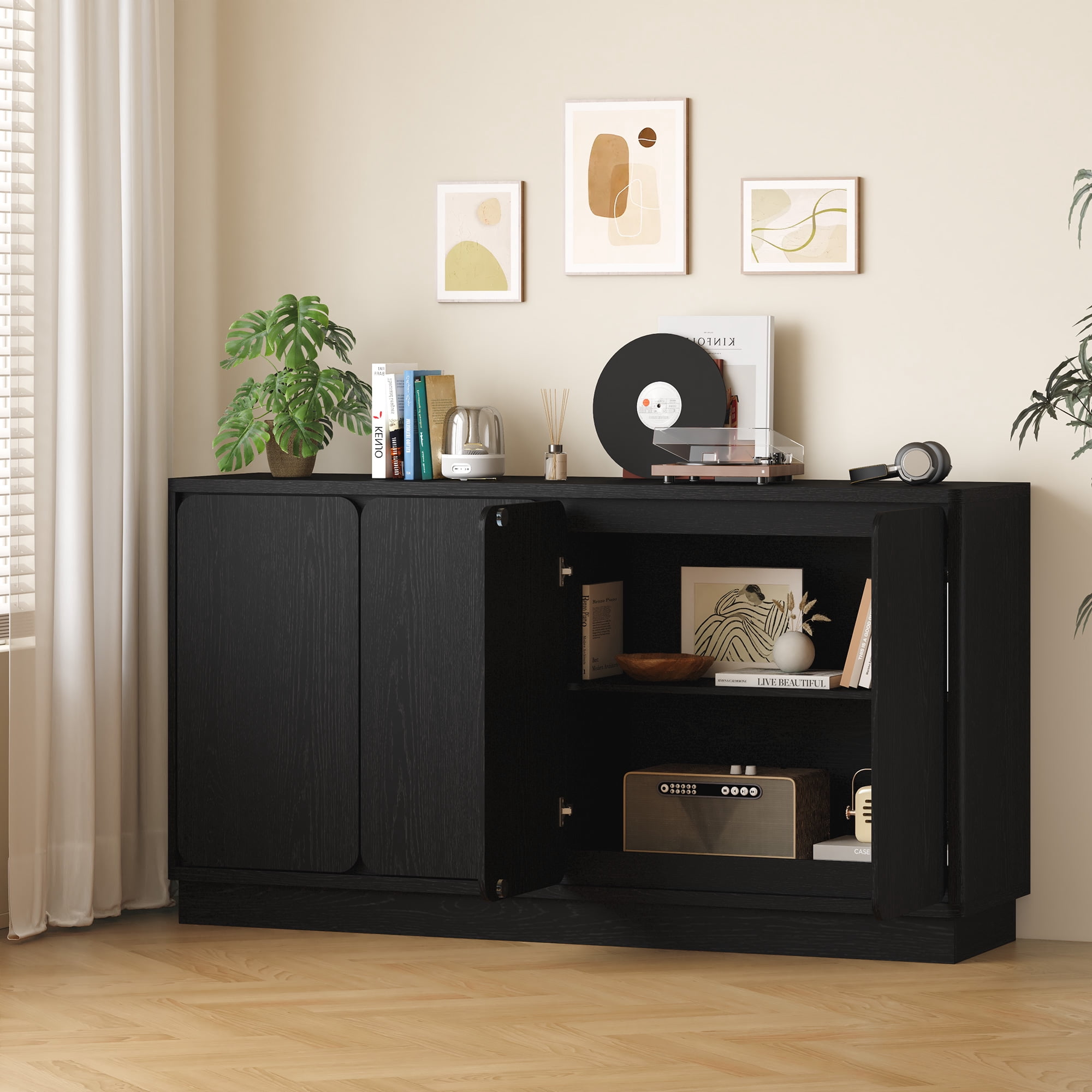 Mintazer 59.1"W Sideboard Buffet Cabinet with Adjustable Shelves, 4 Door Storage Credenza Cabinet for Dining Room Kitchen Living Room, Entryway, Black