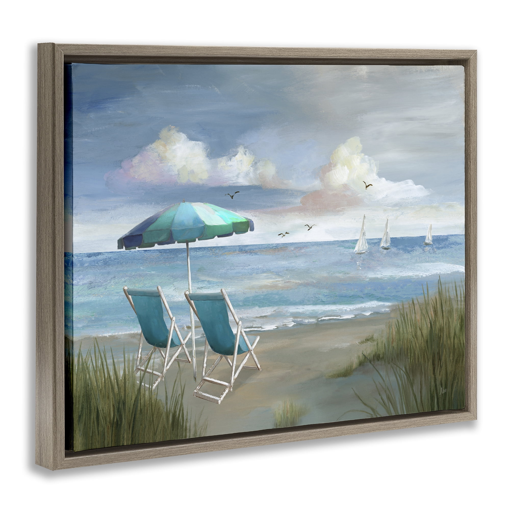 Stupell Industries Seagulls over Calm Beach Nautical & Beach Painting Brown Floater Framed Canvas Art Print Wall Art, 21 x 17