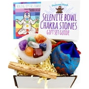 DANCING BEAR'S ROCKS Selenite Bowl and 7 Tumbled Chakra Stones & Silk Bag Gift Set, Healing Crystals kit