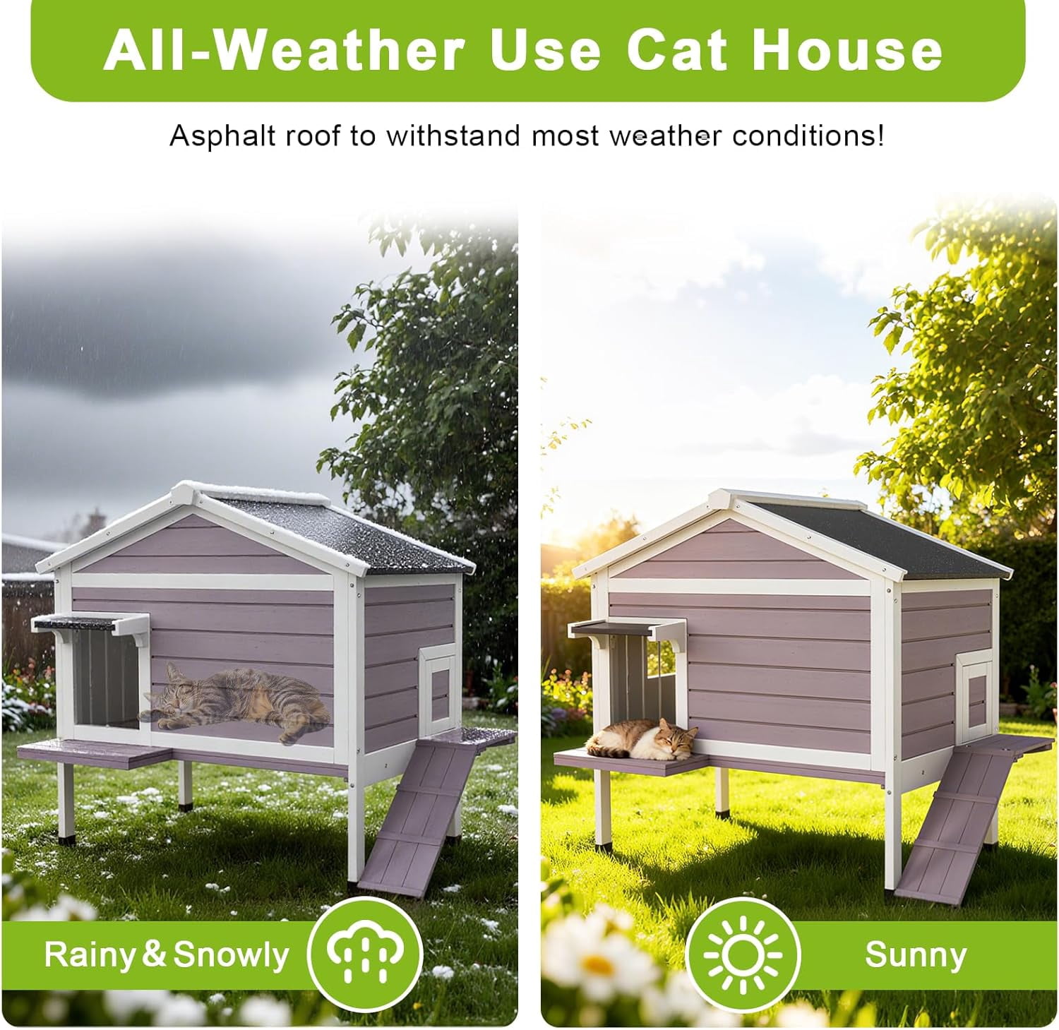 HomeSheek 32.6" Outdoor Cat House with Ramp & Side Door, Weatherproof Feral Cats Shelter Keep Safe, Easy Assembly & Cleaning, Indoor Outdoor Pet Home
