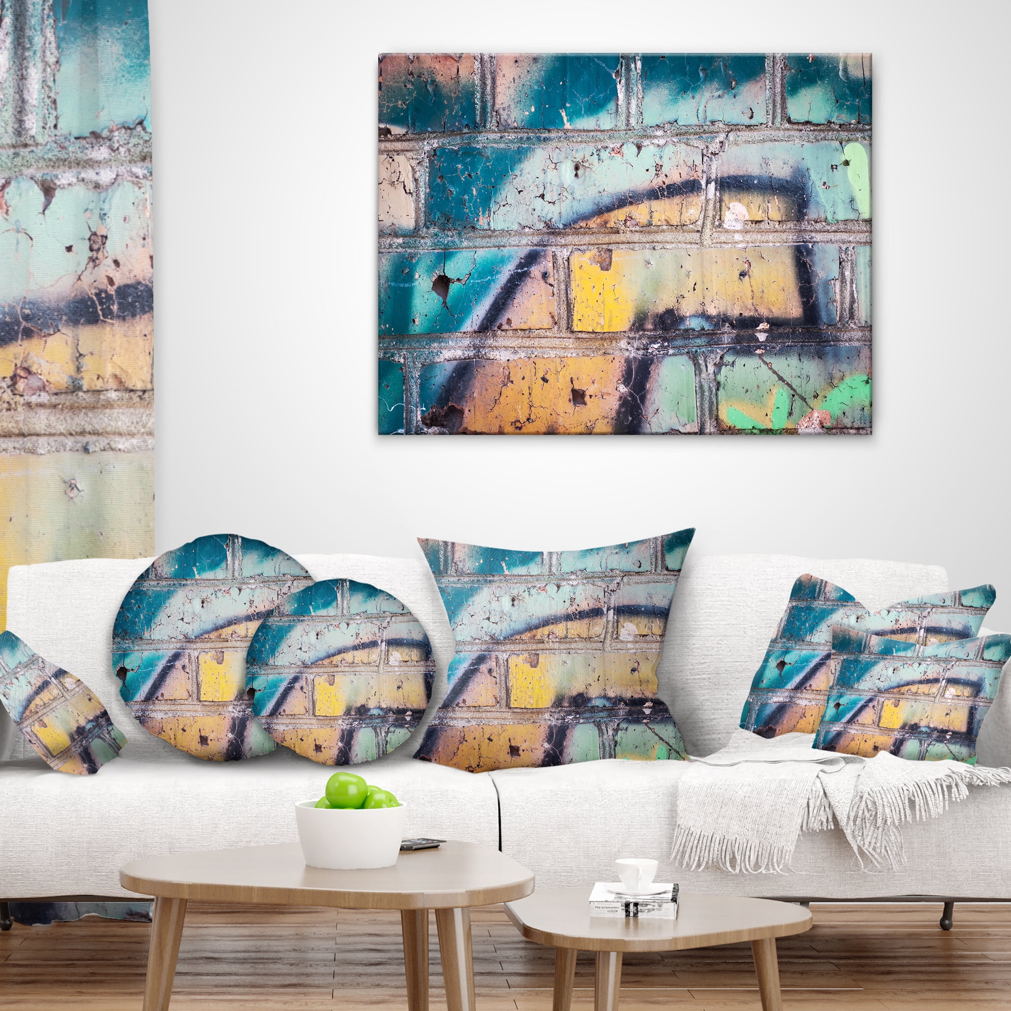 Designart Old Brick Graffiti - Street Art Throw Pillow - 12x20