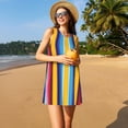 thumbnail image 3 of Wukai Yellow Blue Mexican Blanket Stripes Print Women's Sleeveless Dress, Loose Fit Casual Dress for Women, Comfortable Sleeveless Summer Dress, 3 of 7