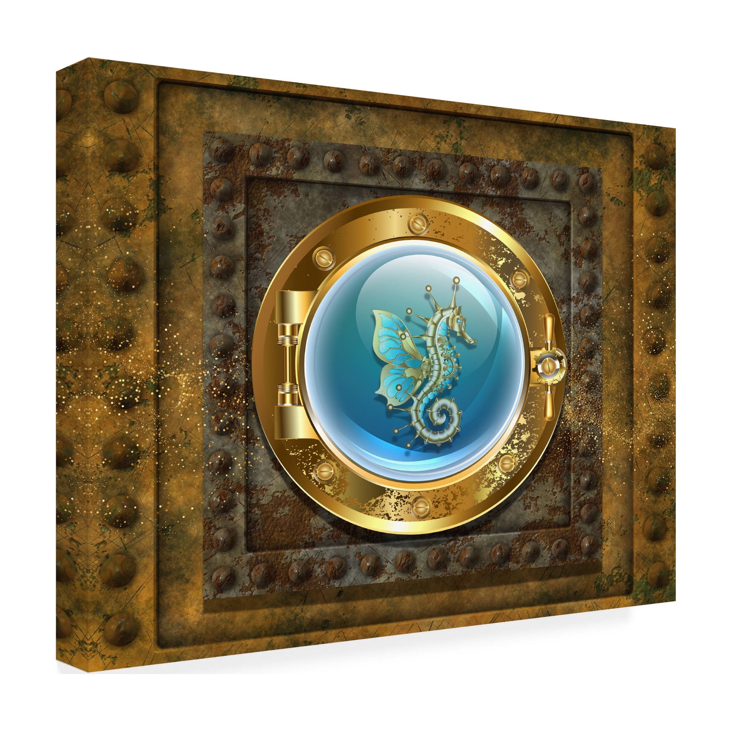 Canvas Wall Art - Tina Mitchell 'Steampunk Porthole Seahorse' Wall Art for Living Room, Bedroom, or Office DÃ©cor by Trademark Fine Art - 47 x 47 Inches