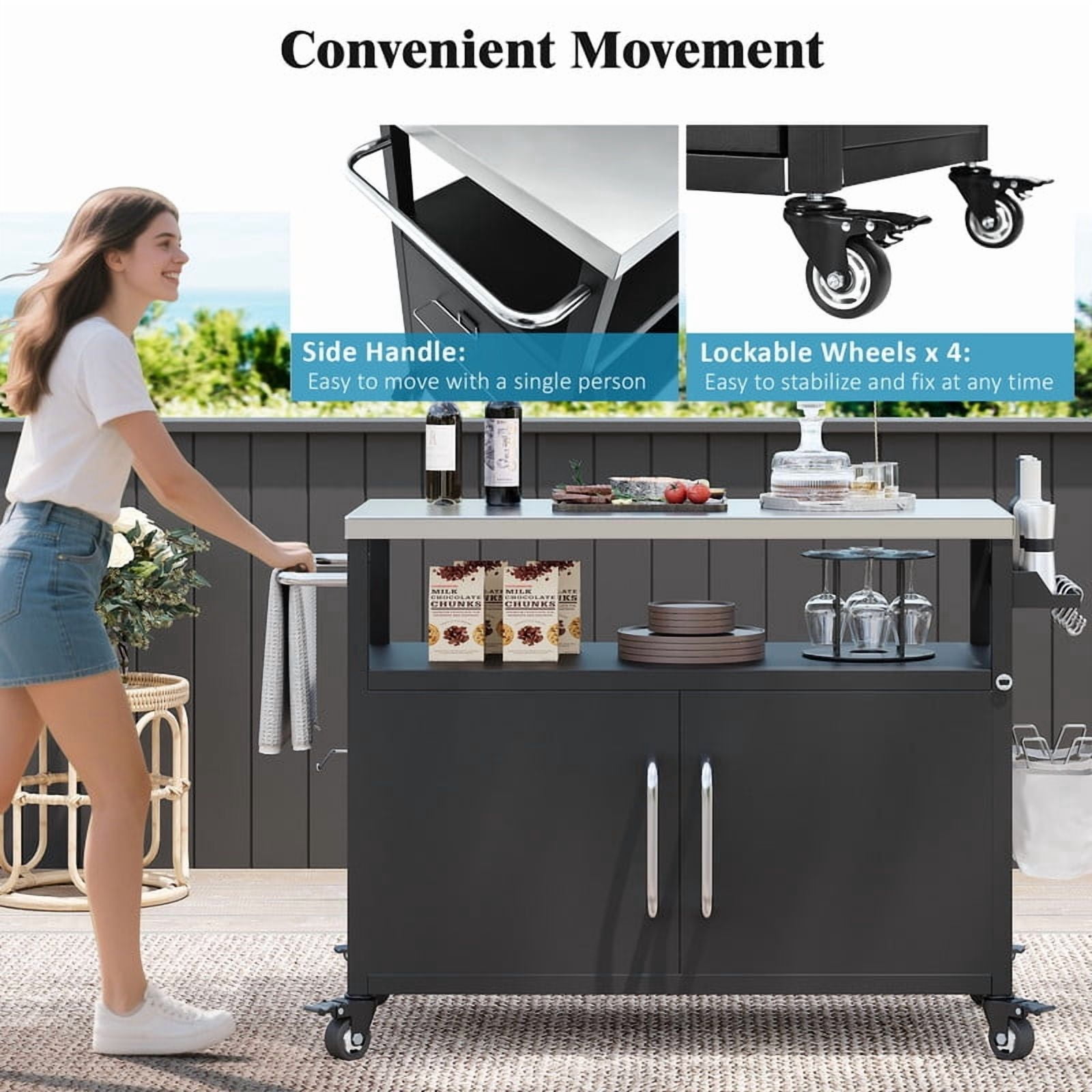 Outdoor Kitchen Island with Stainless Steel Tabletop, Outdoor Metal Grill Cart with 4 Lockable Wheels, Metal Grill Table with Spice Rack and Towel Rack for Outside BBQ