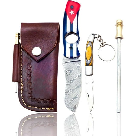 AR Damascus Knife- Custom Handmade Cigar Cutter - Cigar Accessories Pocket Folding Knifes For Outdoor Survival - Made of Wooden Handle & Damascus Steel