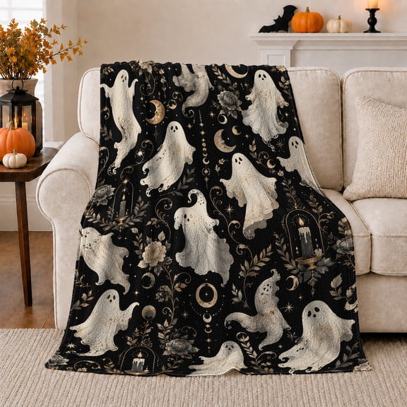Mystical Ghosts Celestial Botanicals, Festive Halloween Scene, Warm Flannel Blanket for Living Room and Reading Nook, Art Lovers Halloween Gift, Festive Home Decor