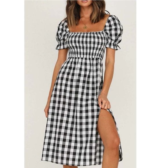 black and white plaid midi dress