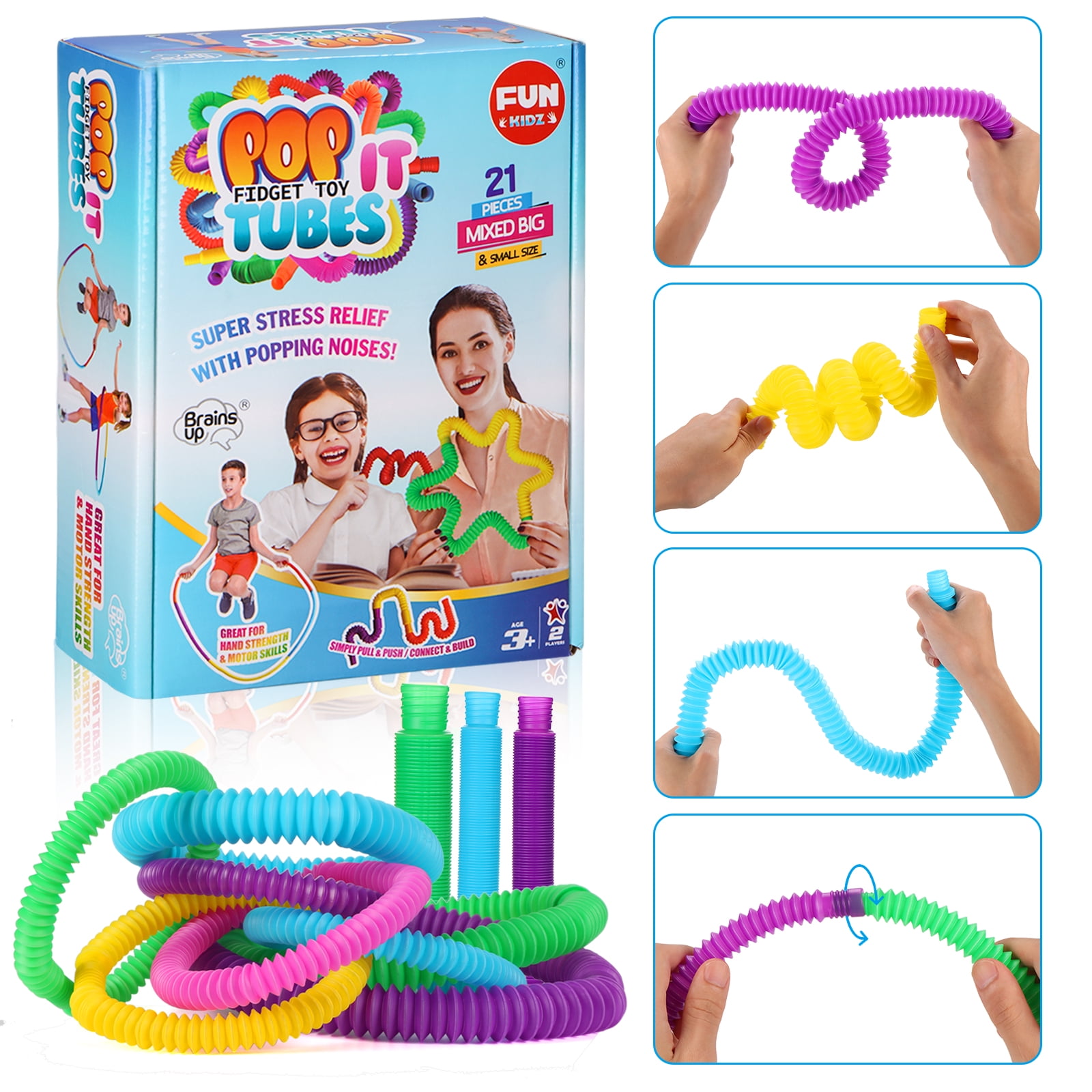Pop Tubes Fidget Toy Pack, FunKidz 21Pcs Jumbo and Mini Pop Tube Pipe