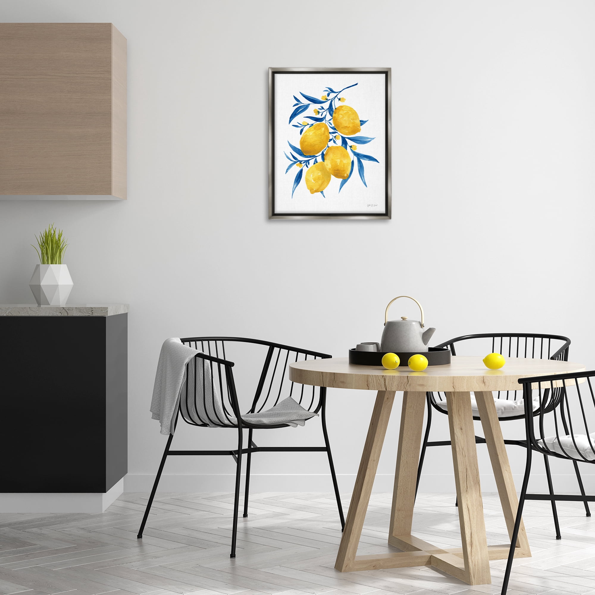 Stupell Industries Blue Leaf Lemons Food & Beverage Painting Gray Floater Framed Canvas Art Print Wall Art, 17 x 21