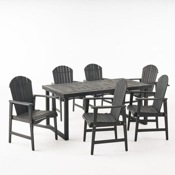 GDF Studio Maaroaro Outdoor Acacia Wood 7 Piece Adirondack Dining Set, Dark Gray and Sandblasted Dark Gray