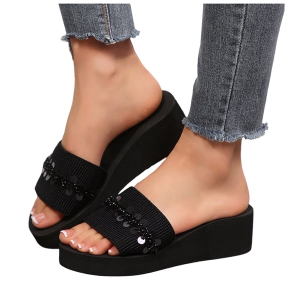 Rokment Womens Bling Sequin Lace Platform Wedge Slippers for Indoor and Outdoor Comfortable Arch Support Walking Slip on Sandals Lightweight Dress Slides Beach Summer Black Size 6.5