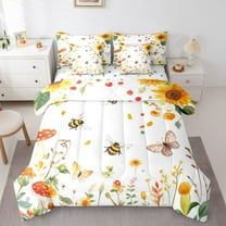 Homewish Kawaii Rustic Bee Bedding Comforter Set 7-Piece, Cartoon Mushroom Sunflower King Bedding Sets, Cute Butterfly Animal Reversible Bed Sheets, Ultra Soft Bedroom Decor