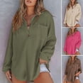 thumbnail image 2 of Women Tops Lapel Buttons Half Placket Long Sleeve Pullover Tops Solid Color Waffle Texture Stretchy Blouse Daily Wear, 2 of 7