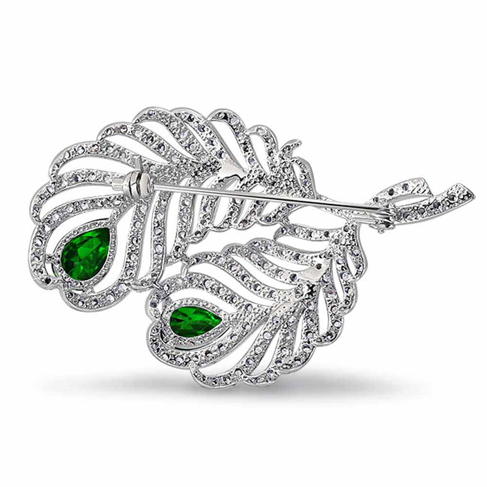 Large White Green CZ Pear Shape Peacock Feather Brooch Pin for Women Simulated Emerald Teardrop Rhodium Plated Brass