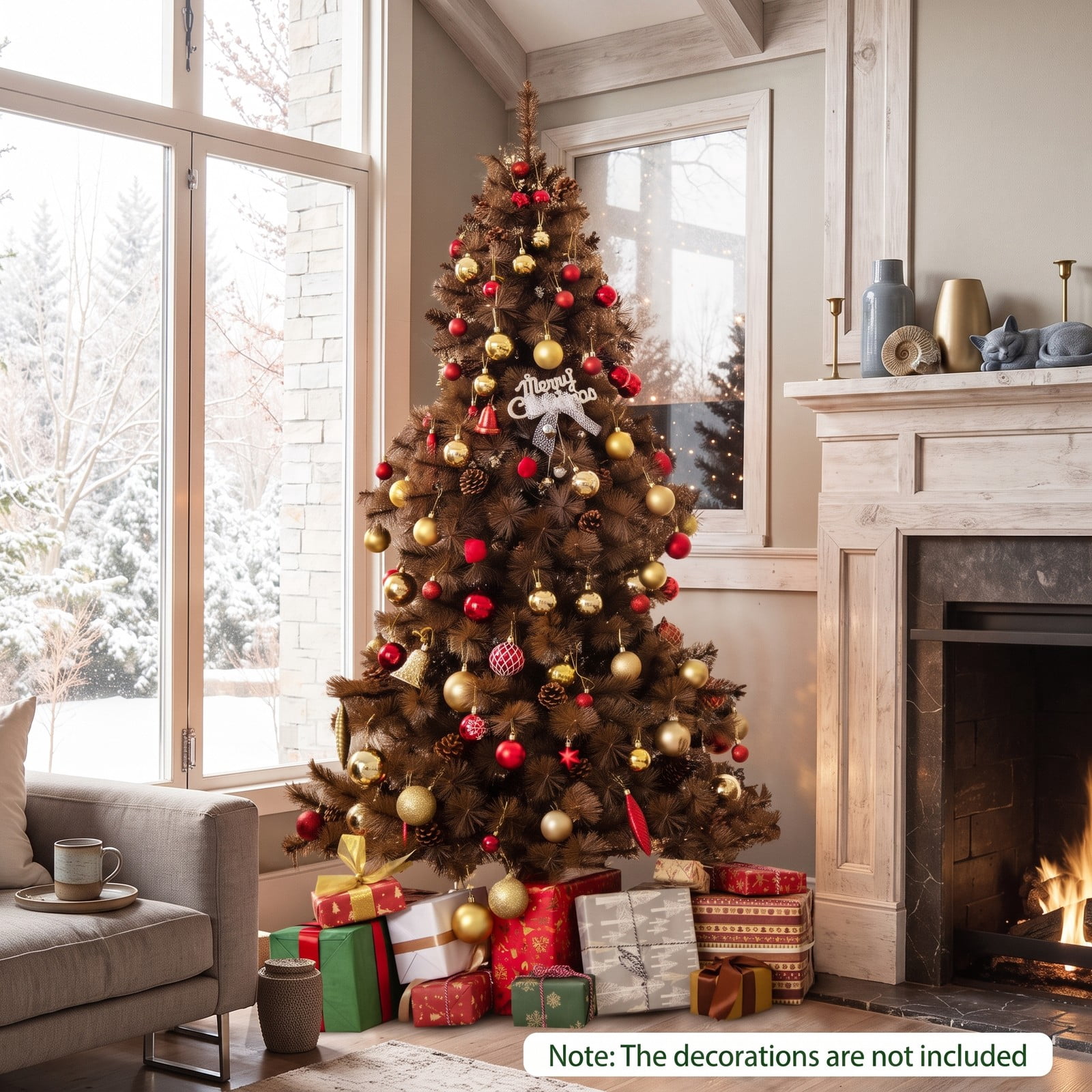 RUIE 6 Ft Artificial Christmas Tree with 493 Branch Tips and 200 Warm White LED Lights, Pre-Lit Hinged Pine Xmas Tree with Metal Stand for Home Office, Chocolate Brown