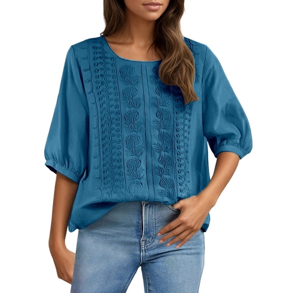 DHFJKG Boho T Shirts For Women Floral Embroidered Loose Fit Half Sleeve Breathable Linen Summer Top Beach Vacation Clothes Soft Tops
