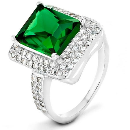 ELYA Sterling Silver Emerald Green Radiant-Cut CZ Double Halo Ring