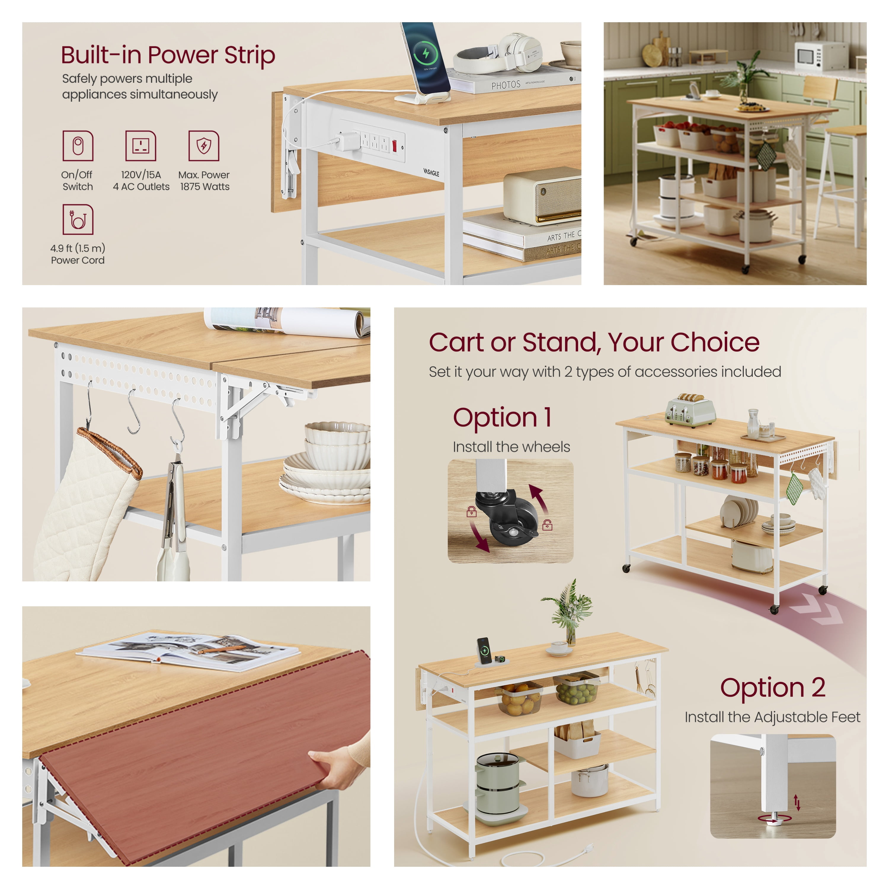 LEDREM Kitchen Island Cart with Extendable Worktop - 47.2" Wide, Power Strip, Adjustable Shelf & Pegboard, Locking Wheels, Golden Oak and White