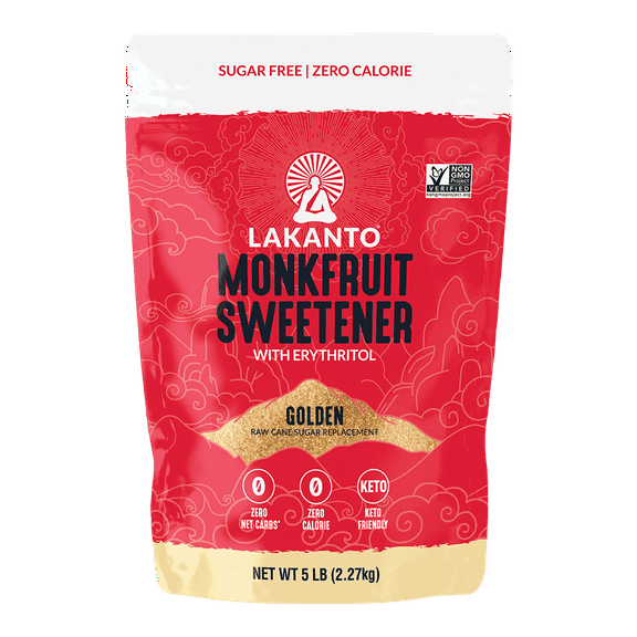 Lakanto Golden Monk Fruit Sweetener with Erythritol - Raw Cane Sugar Substitute, Zero Calorie, Keto Diet Friendly, Zero Net Carbs, Coffee, Tea, Baking, Extract, Sugar Replacement (Golden - 5 lb)