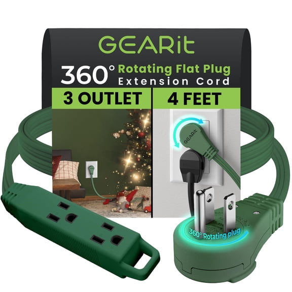 GEARit 360 Rotating Flat Plug Short Extension Cord with 3 Outlets (4ft, Green) 16AWG/13A 3 Prong Wire, Outlet Saver for Home Office Dorm Room Essentials, ETL Certified