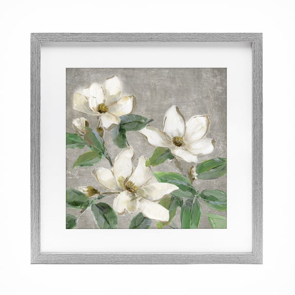 Stupell Industries Farmhouse Ivory Magnolias on Grey Gray Framed Print Under Glass, 16 x 16, by Sally Swatland