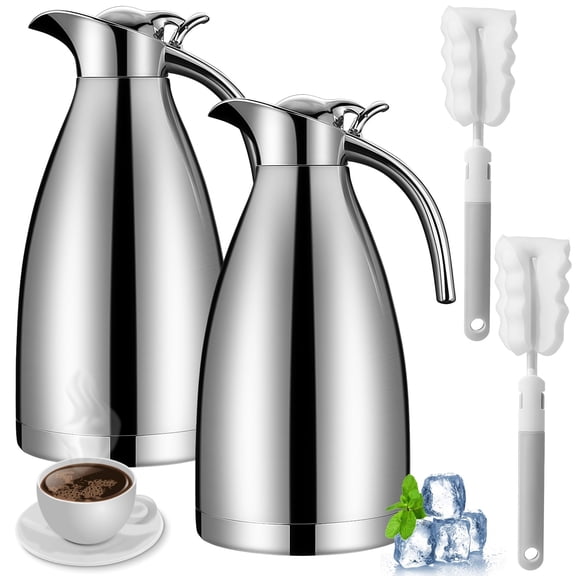 2PCS Thermal Coffee Carafe with 2 Cleaning Brushes, 68oz Insulated Stainless Steel Coffee Carafe for Hot Liquids, Vacuum Thermal Pot for Keeping Hot Coffee Tea Home and Office, Silver