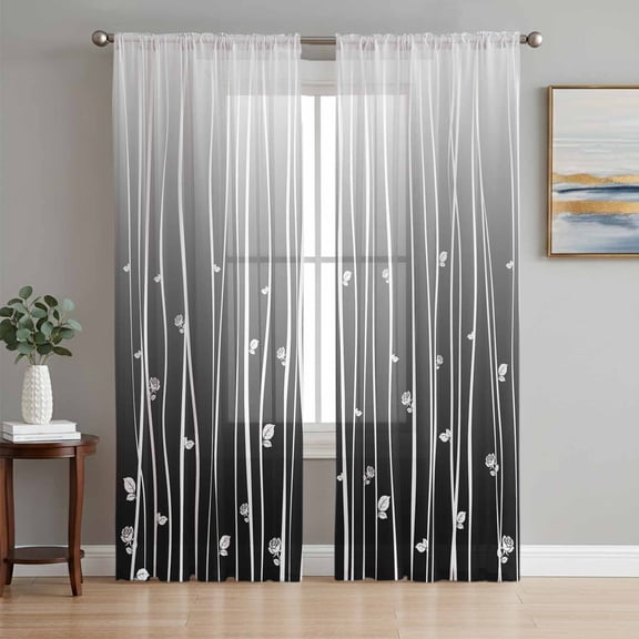 Black Flower Sheer Curtains 72 Inch Length 2 Panels Set, Geometric Stripes Gradient Simple Branch Voile Window Treatment Rod Pocket Curtains Sheers Drapes for Bedroom/Living Room/Kitchen 52"x72"x2