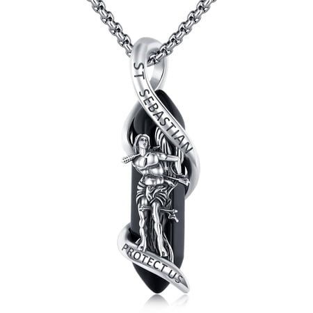 St Sebastian Necklace 925 Sterling Silver Black Onyx Crystal Point Pendant with St Sebastian Protect Us Inscription, Catholic Religious Amulet Protection Jewelry for Men Women