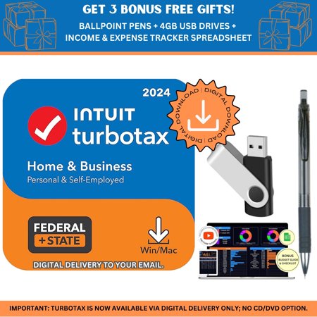 [New Version] TurboTax Home & Business 2024 Tax Software, Federal & State [PC/MAC Download] - BONUS FREE 4GB USB 2.0 Flash Drives + Income & Expense Tracker Spreadsheet + Retractable Ballpoint Pen