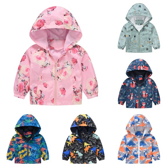 Glisme Girl Fall Coats Long Sleeve Cartoon Prints Casual Light Hooded Jacket Windproof Zipper Outwear Toddler Tops 3-4 Years Pink