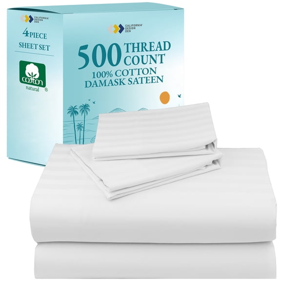 California Design Den Striped Full Size Sheets - 500 Thread Count 100% Cotton Sateen 4-Piece Bed Sheets Set - Bright White