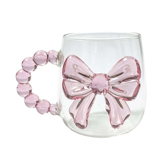 Cute 3D Bow Glass Mug, Beaded Handle Clear Coffee Cup, Water Cup for Home Decor