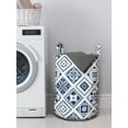 thumbnail image 3 of Navy Blue Laundry Bag, Mediterranean Traditional Art Elements with Spanish Portuguese Influences, Basket with Handles Drawstring Closure for Laundromats, 13" x 19", Dark Blue White, by Ambesonne, 3 of 4