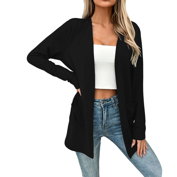 Sahpxhe Women's Cardigans Mid Length Open Front Long Sleeve Loose Fit Casual Outerwear with Pockets Classic Soft Cardigan Tops Black M
