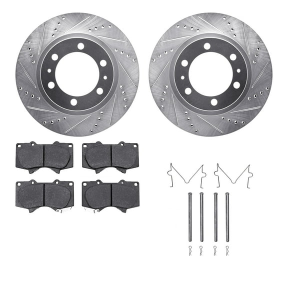 Dynamic Friction Company Front Brake Rotors-Drilled and Slotted-Silver with Heavy Duty Brake Pads includes Hardware 7212-76004