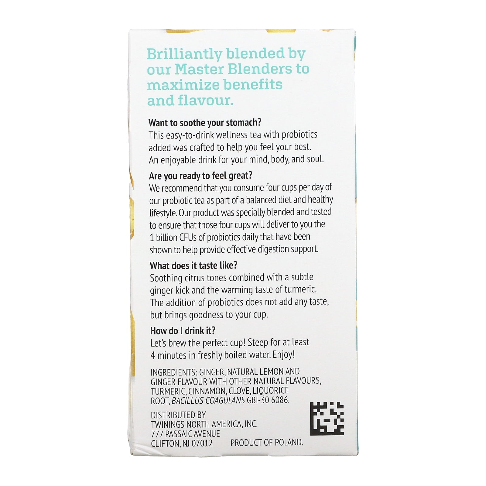 Twinings, Probiotics Flavoured Herbal Tea, Lemon & Ginger, Caffeine-Free, 18 Tea Bags, 0.95 oz Pack of 3