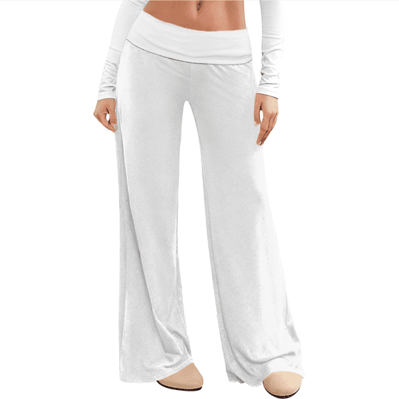 LEKODE Fold Over Yoga Pants for Women Low Rise Wide Leg Cute Flare Sweatpants Athletic Workout Cotton Flare Leggings White L