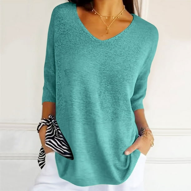 MKLEKYY Playeras Deportivas Mujer Suéteres De Punto Holgados De Primavera Para Mujer, Informales, De Manga 3/4, Color Liso, Con Cuello En V, Para Otoño, 506 Talla S
