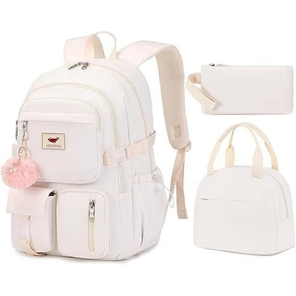 AO ALI VICTORY 3 Piece Backpack Set Laptop Backpack 15.6 inch Junior High Backpack College Backpack Anti-theft Travel Backpack Large Teenage Ladies(White)